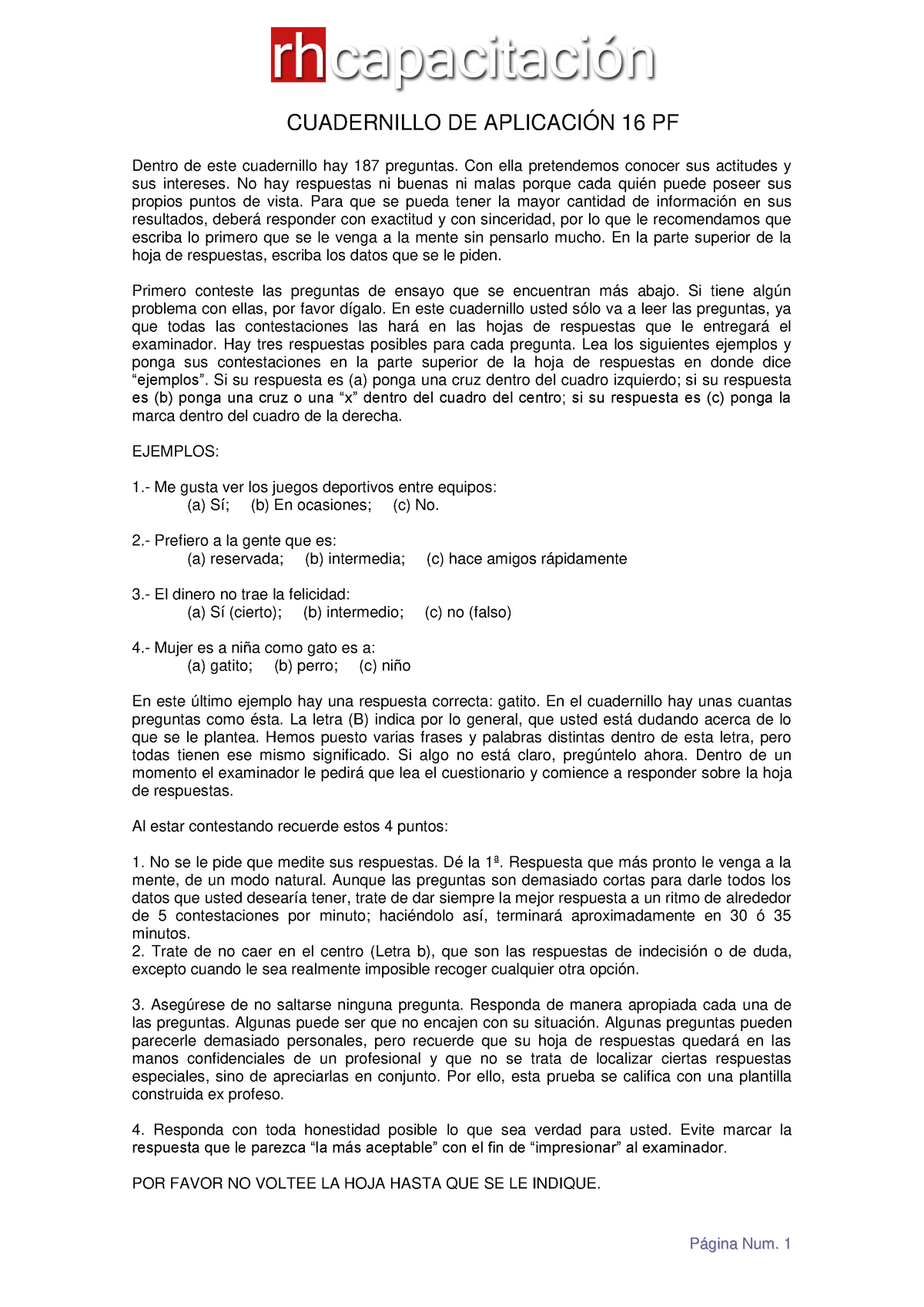 Cuadernillo De Aplicación 16PF - CUADERNILLO DE APLICACIÓN 16 PF Dentro ...