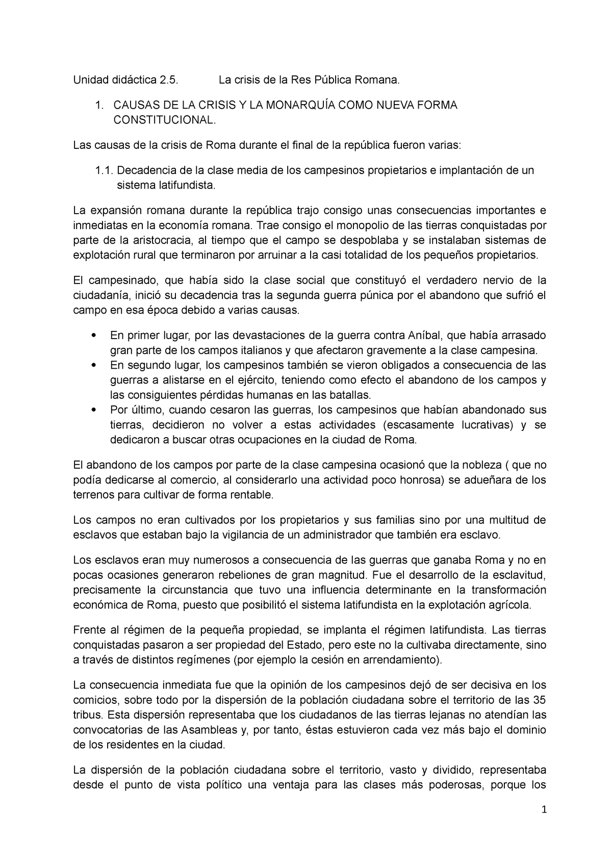 Unidad Didactica  TEMA - Unidad didáctica 2. La crisis de la Res Pública  Romana. 1. CAUSAS DE LA - Studocu