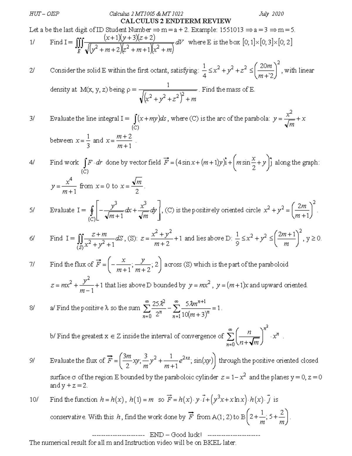 CAL2 Final Sample 1 - HUT – OISP Calculus 2 MT1005 & MT 1022 July 2020 ...