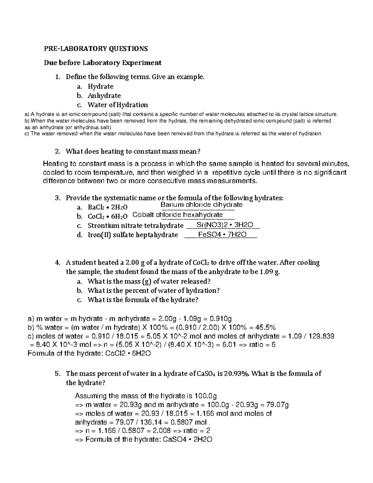 experiment 6 formula of a hydrate