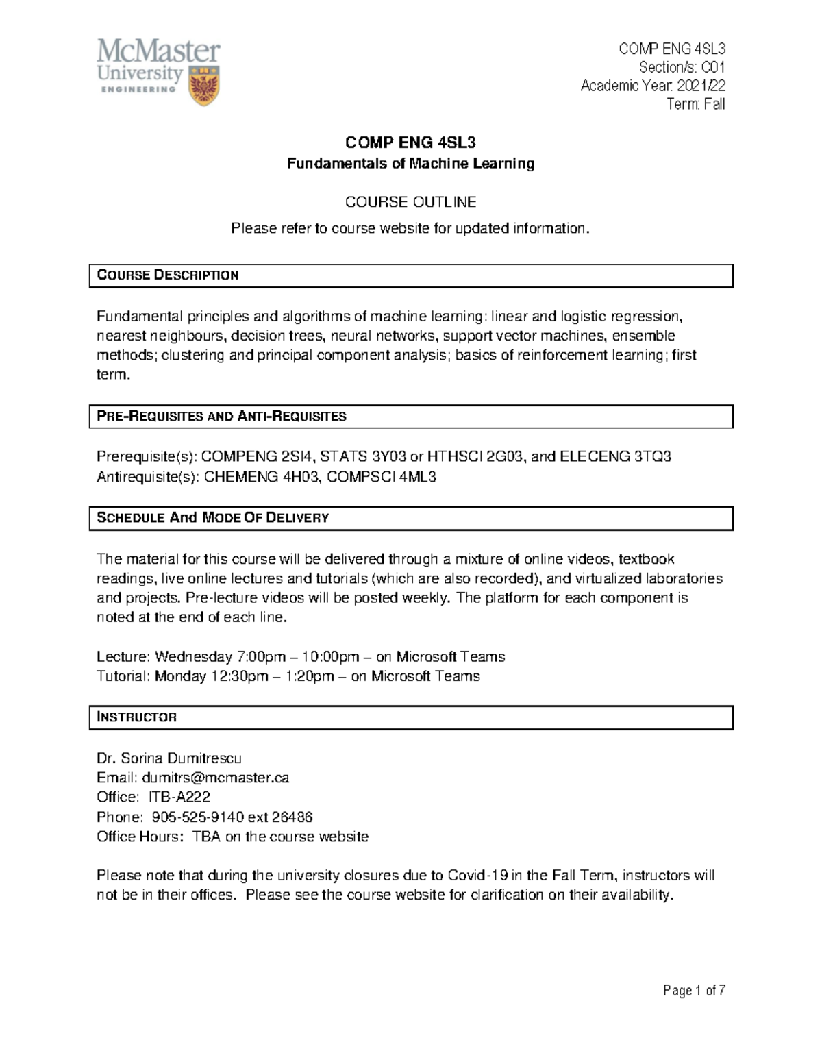 Compeng 4sl3 outline fall2021-22 - Section/s: C Academic Year: 2021 ...