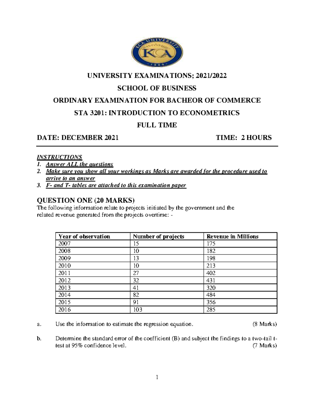 Past Paper For Introduction To Econometrics 1 University Examinations 2021 School Of 7772