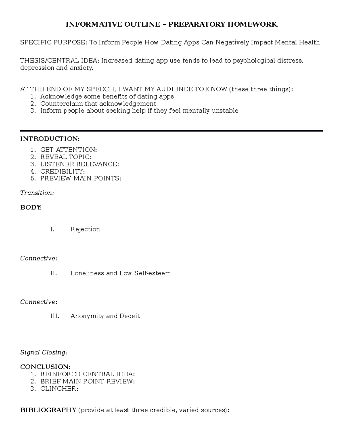 Informative Outline Homework 2 Informative Outline Preparatory Homework Specific Purpose To 3122