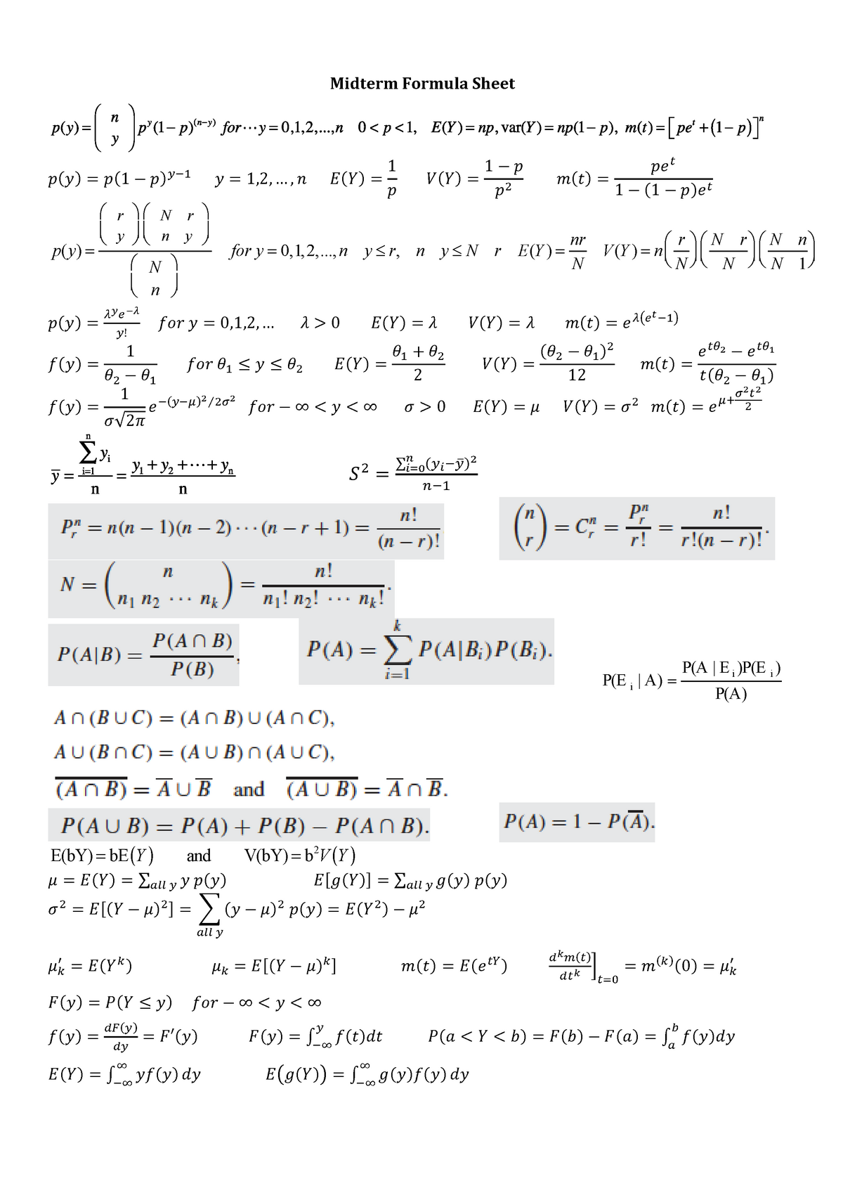 Midterm Formula Sheet - Midterm Formula Sheet 푝 ( 푦 ) = 푝 ( 1−푝 ) 푦− 푦 ...