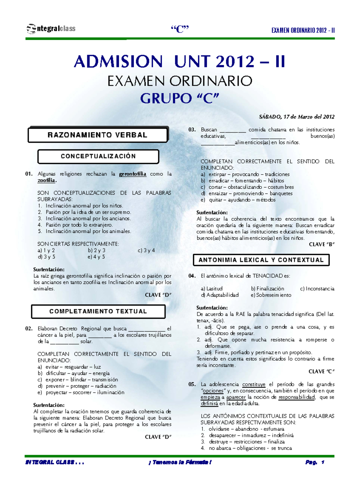 Admision UNT 2012 II Examen Ordinario Grupo C - “C” _ - Studocu