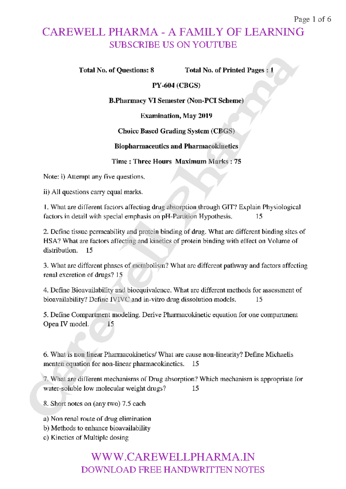 Biopharmaceutics and Pharmacokinetics, 6th Sem, RGPV Previous Year ...