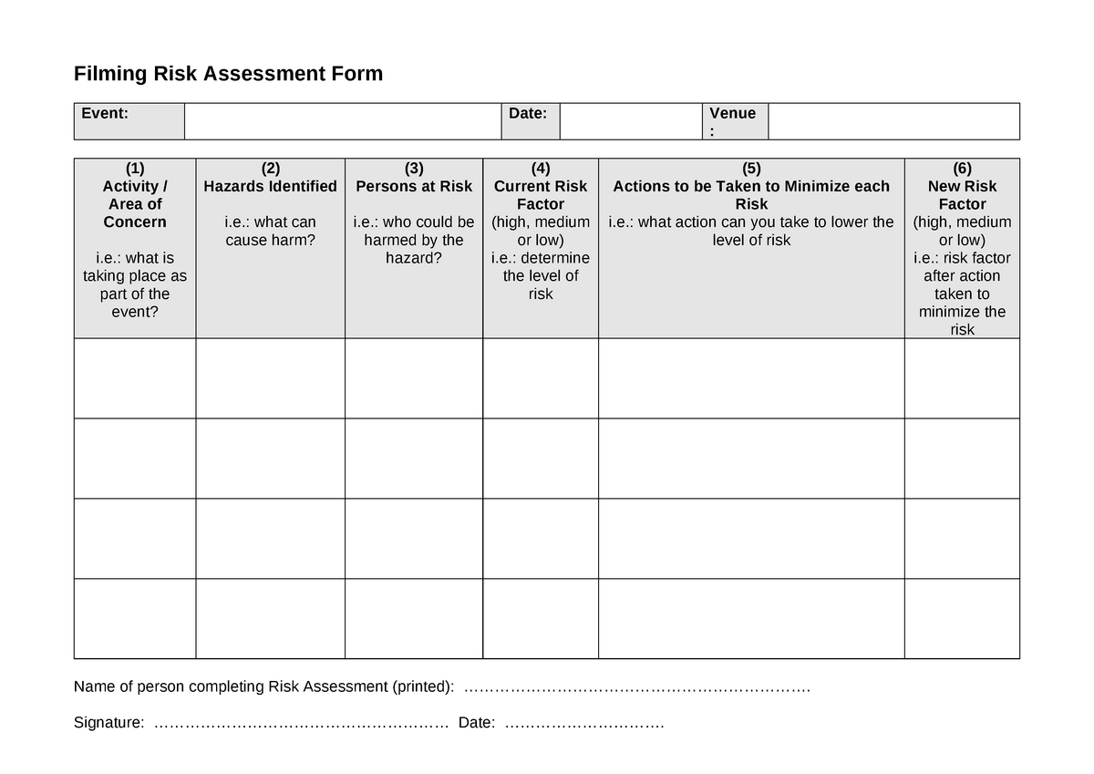 Filming Risk Assessment Form - Filming Risk Assessment Form Event: Date ...