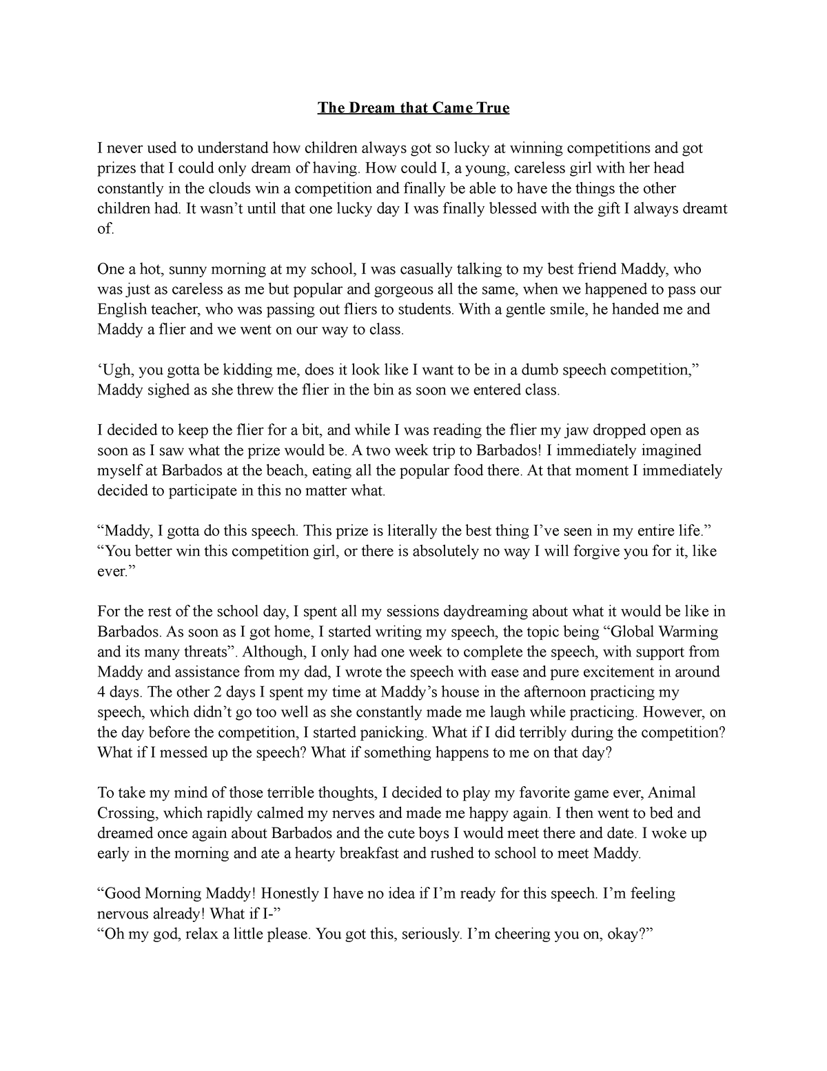 essay on a dream that came true for class 6