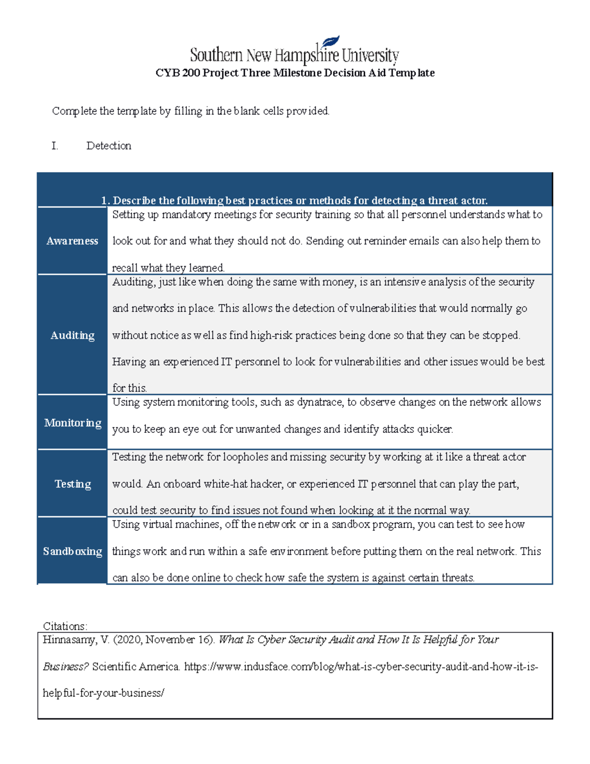 Cyb 200 Project Three Milestone Decision Aid Template - I. Detection 