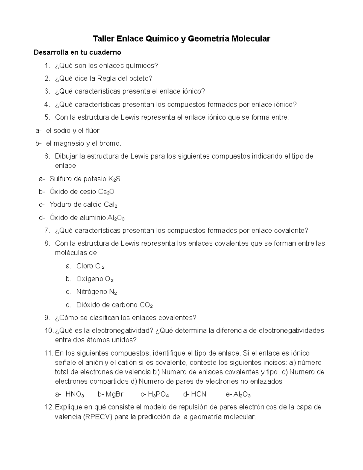 Taller Enlace Químico Y Geometría Molecular - Taller Enlace Químico Y ...