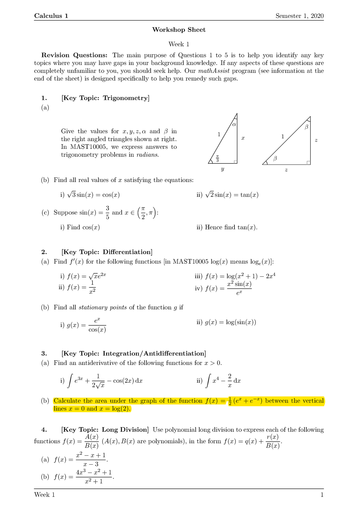 Week 1 Workshop Sheet - Calculus 1 Semester 1, 2020 Workshop Sheet Week ...