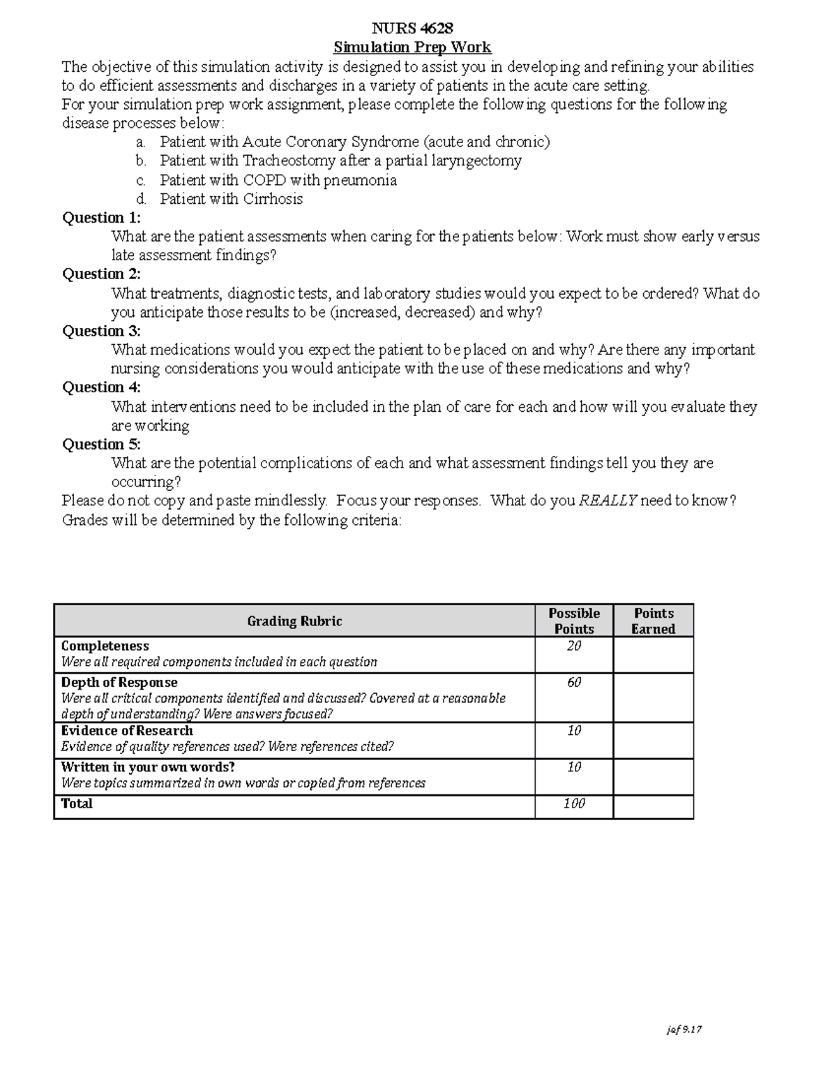 Med surg 2-Simulation Prepwork - NURS 4628 Simulation Prep Work The ...