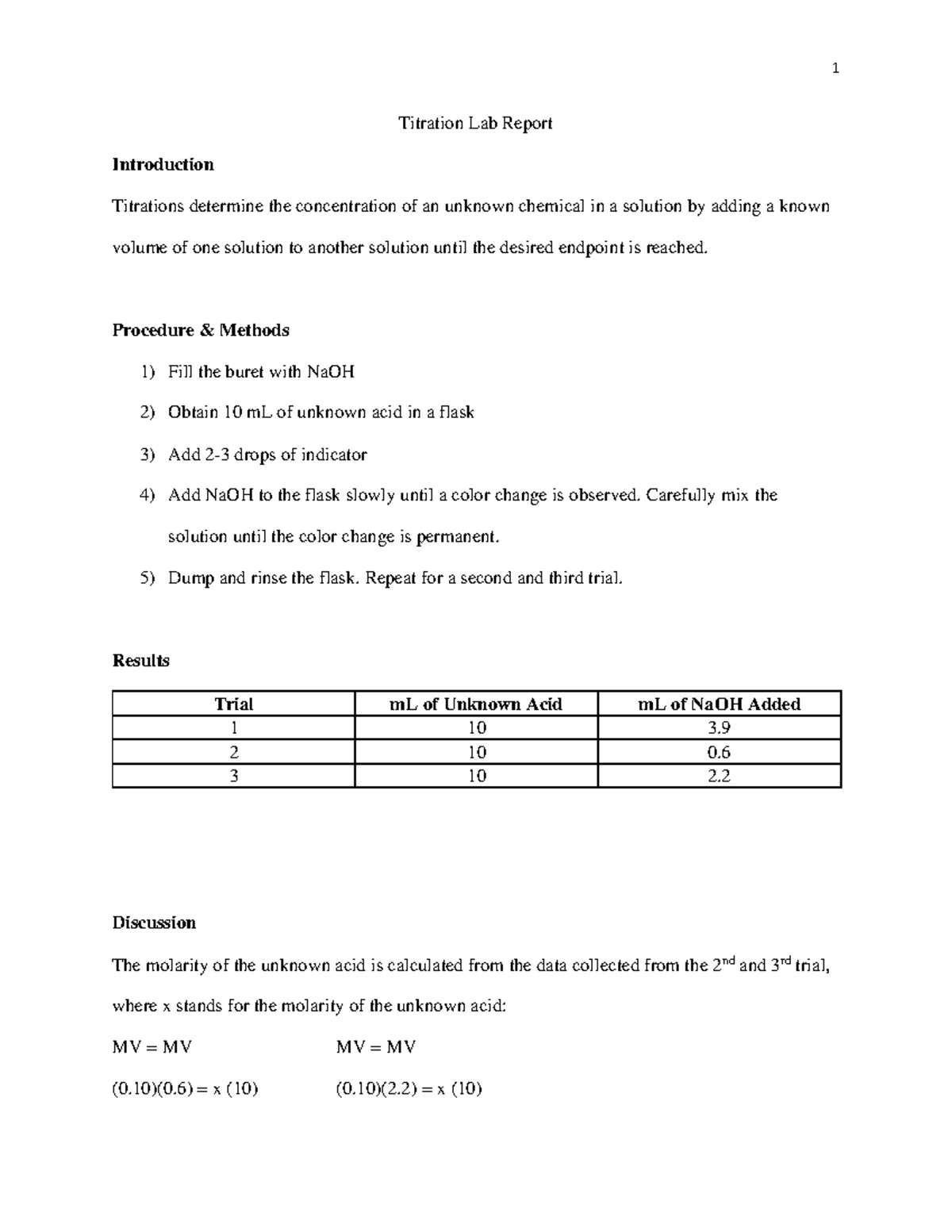 Titration Lab Report Instructor Thaddeus Gish 1 Titration Lab