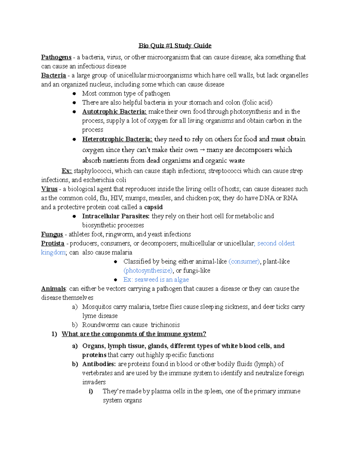 Bio Quiz #1 - This is a study guide for the first quiz we took in bio ...