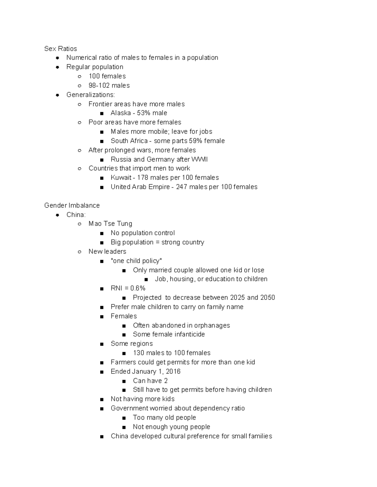 Gender Differences - Lecture notes 8 - Sex Ratios Numerical ratio of ...