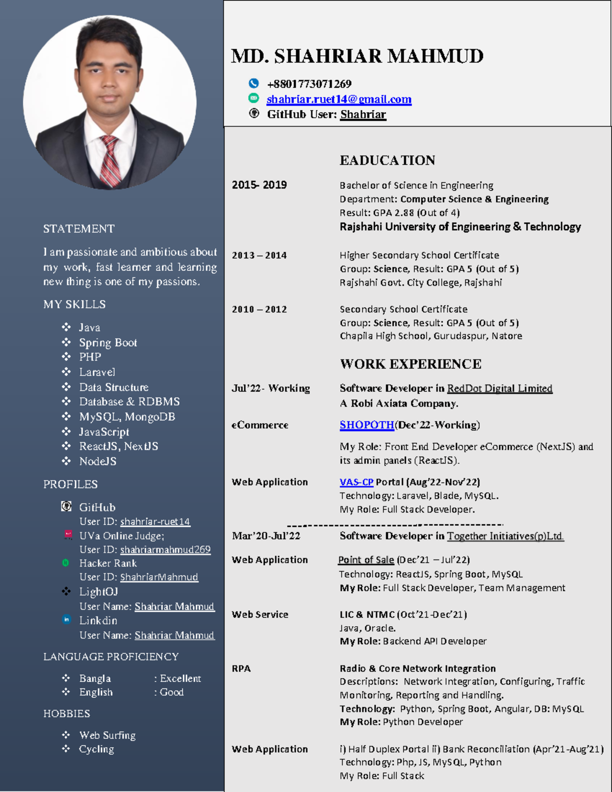 Shahriar Mahmud CV - E STATEMENT I am passionate and ambitious about my ...