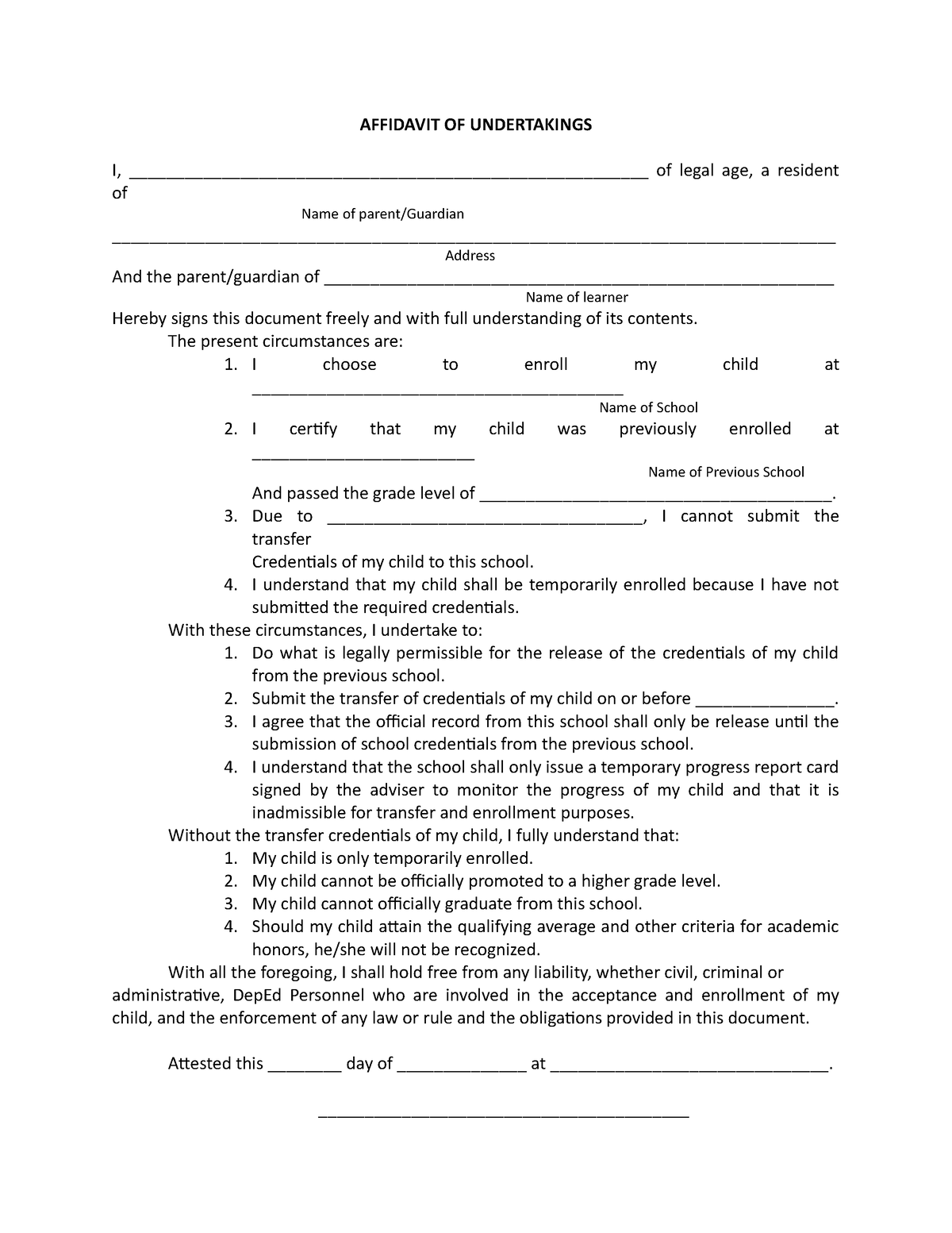 Affidavit OF Undertakings - AFFIDAVIT OF UNDERTAKINGS I, - Studocu