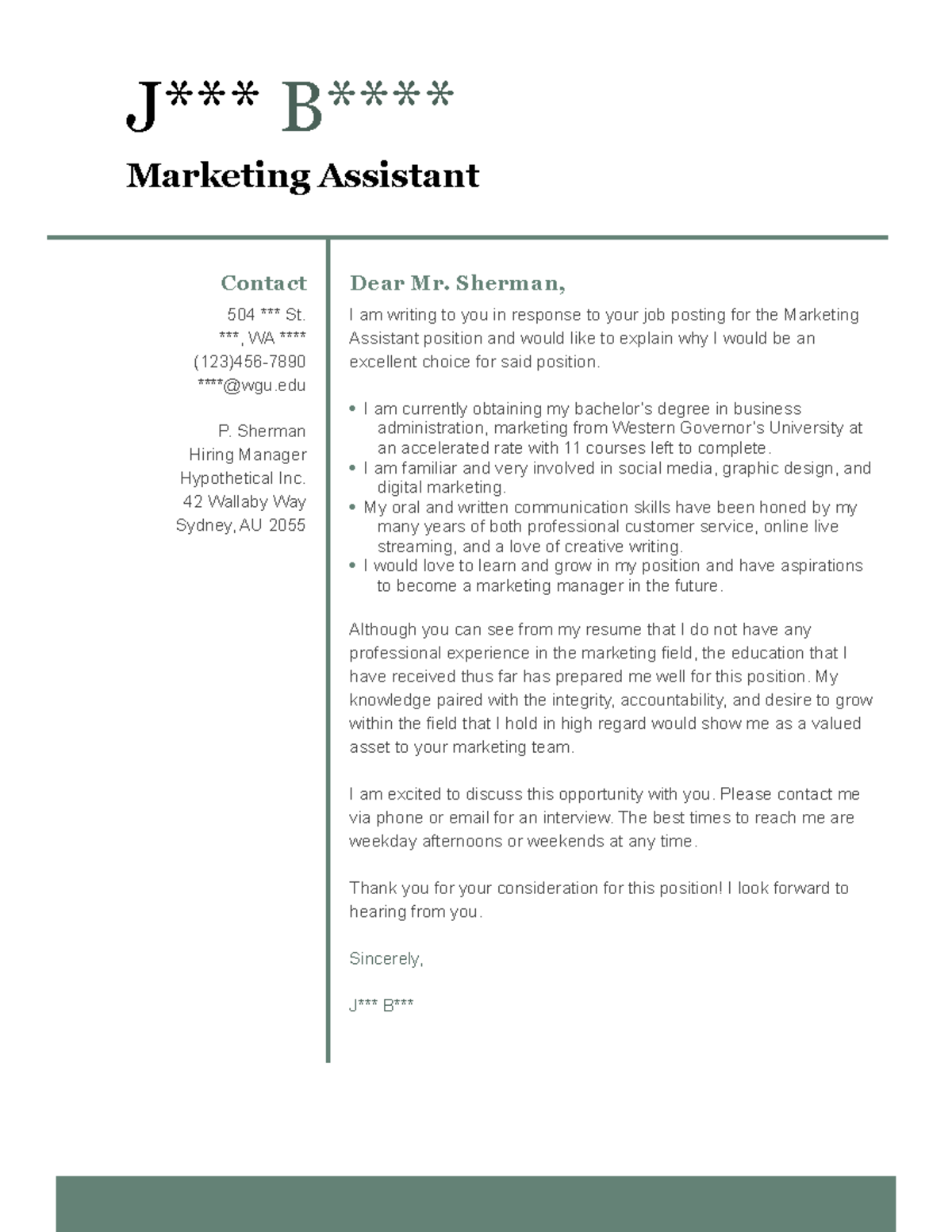 C716 Task 2 Cover Letter - J*** B**** Marketing Assistant Contact 504 ...