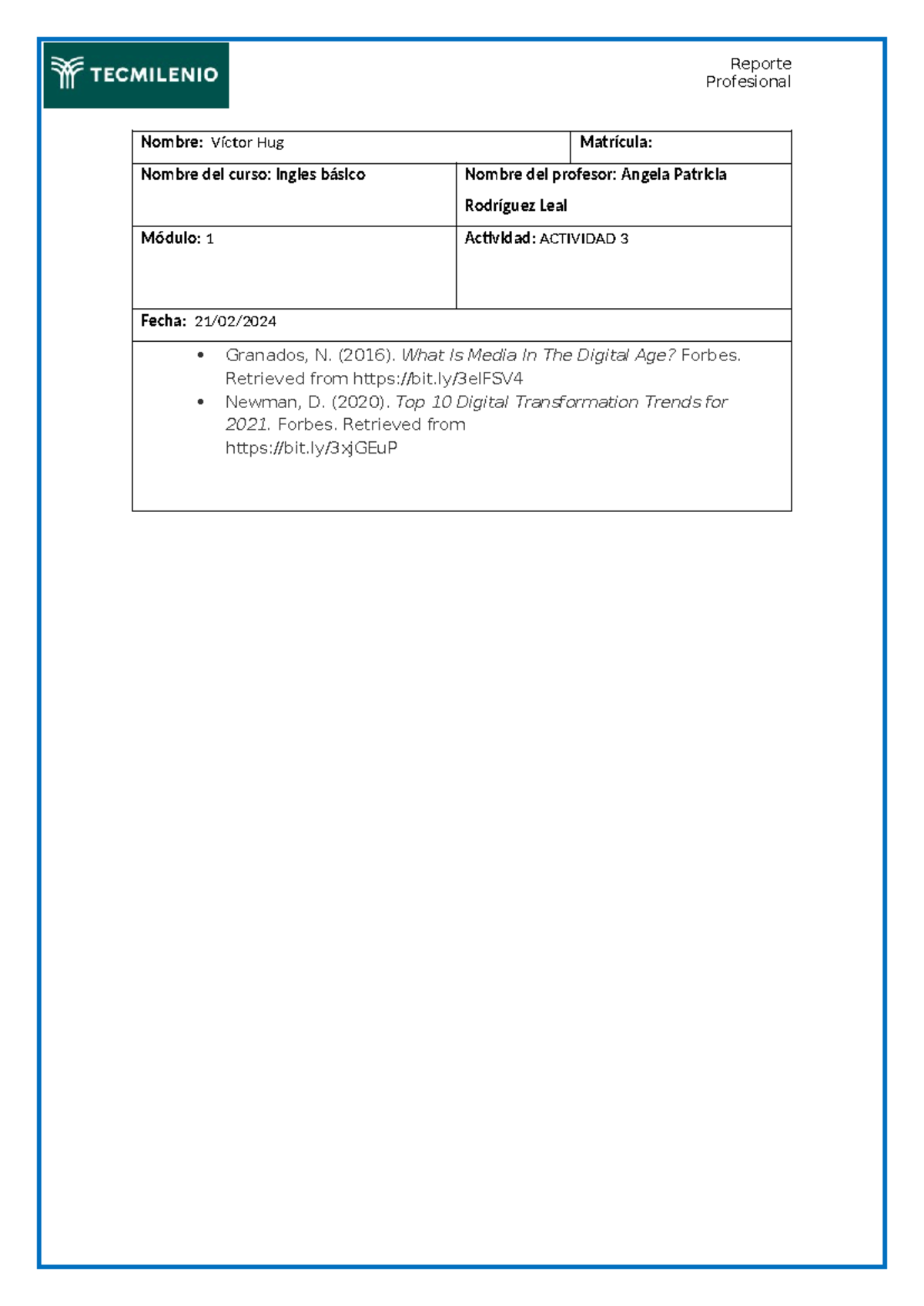 Actividad 3 - buena tarea - Ingles basico - Reporte Profesional Nombre ...