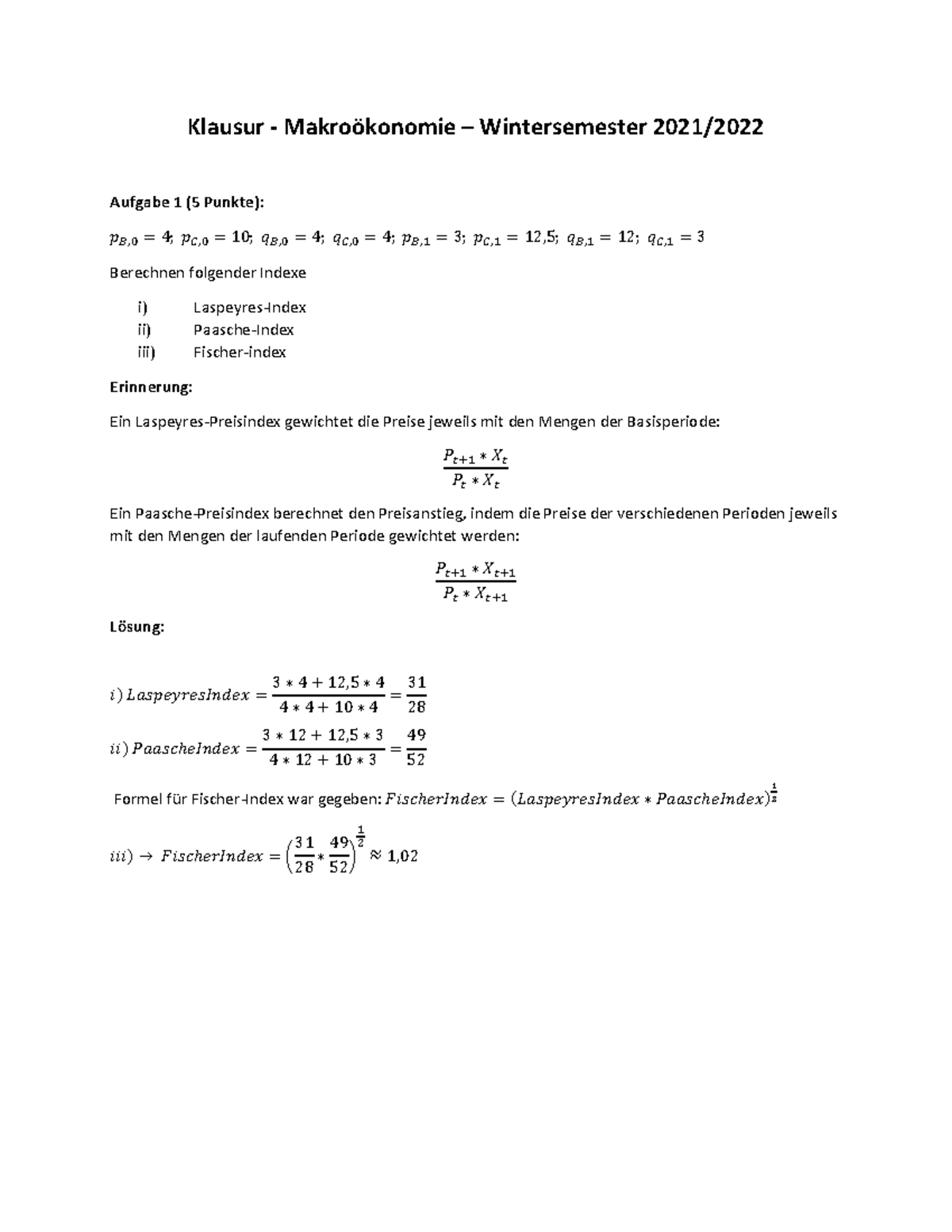 Makro Wise Eigene L Sung Klausur Makro Konomie Wintersemester Aufgabe