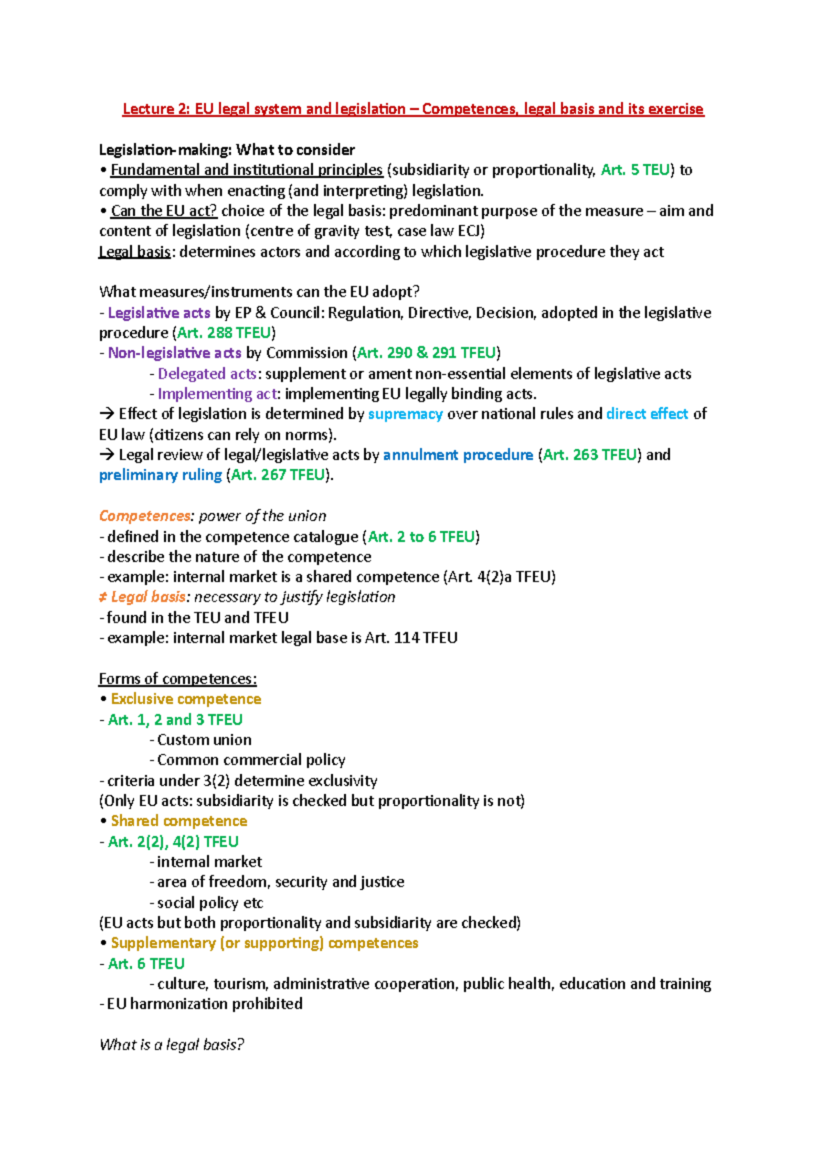 Competences, legal basis and its exercise - Lecture 2: EU legal system ...