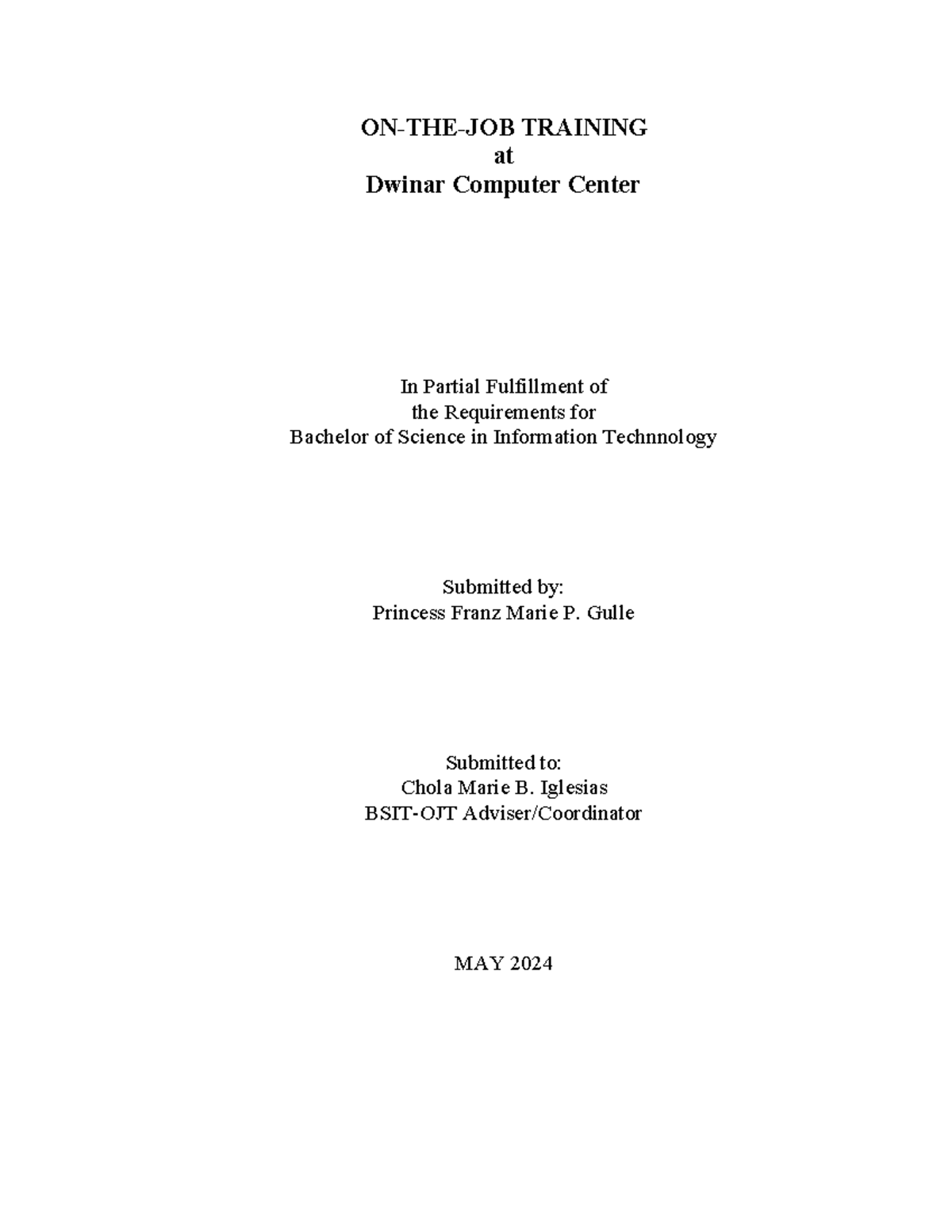 IntegrationPaper Gullere ONTHEJOB TRAINING at Dwinar Computer