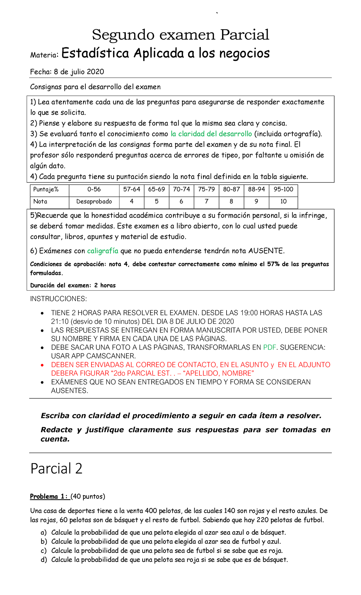 2do Parcial Estadistica - Segundo Examen Parcial Materia: Estadística ...