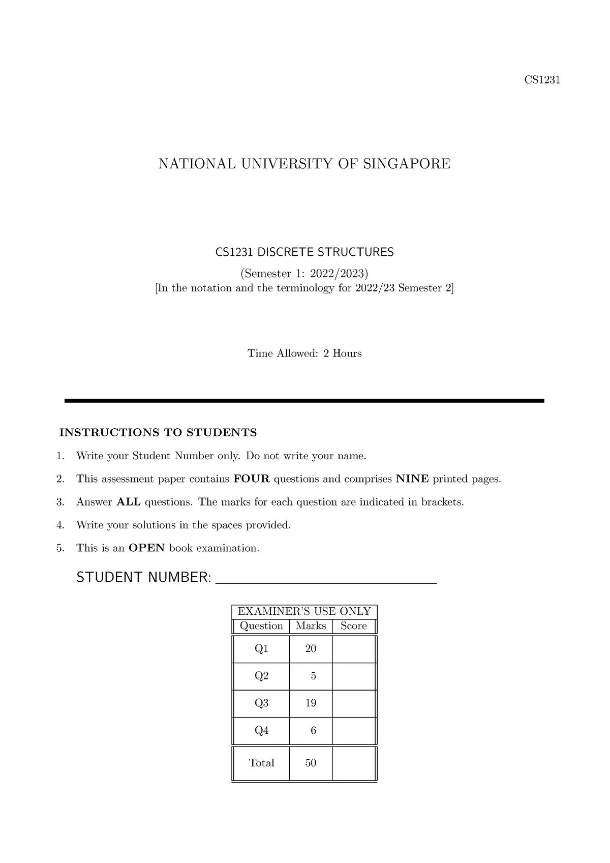 2223s1sol - FINAL 2223 SEM 1 - CS NATIONAL UNIVERSITY OF SINGAPORE ...