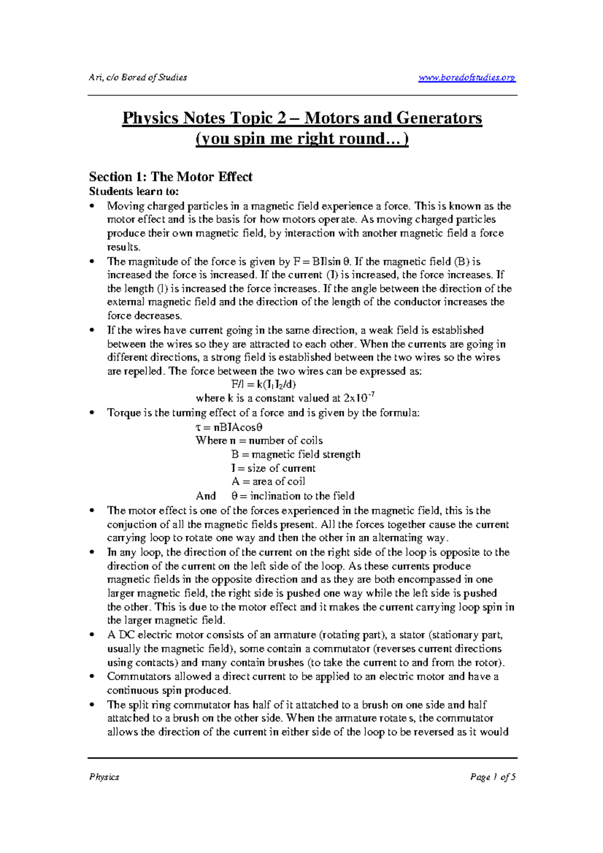 [2002 Physics] Notes motors Ari - Physics Notes Topic 2 – Motors and ...