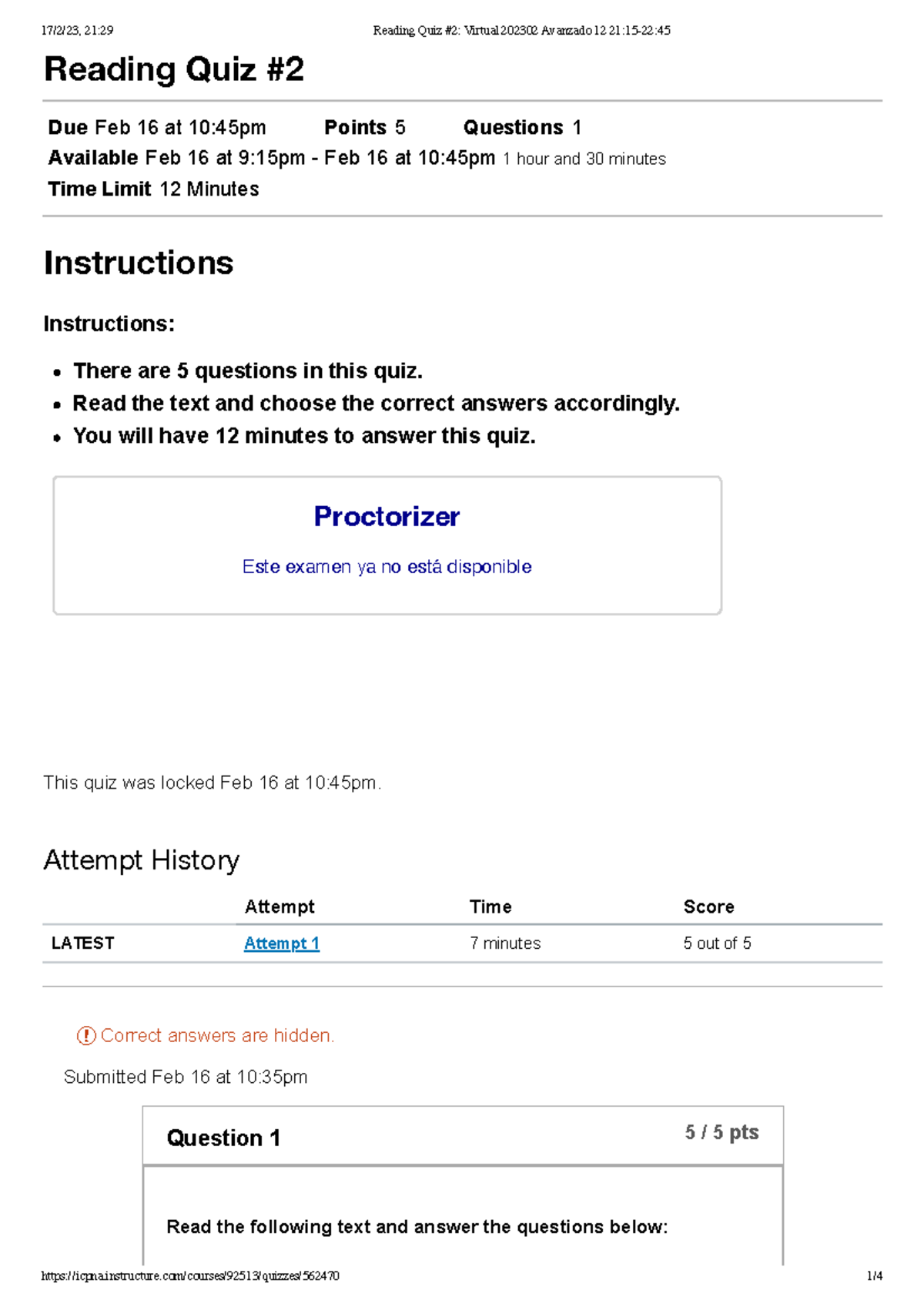 Reading Quiz #2 Avanzado 12 - Reading Quiz Due Feb 16 At 10:45pm Points 