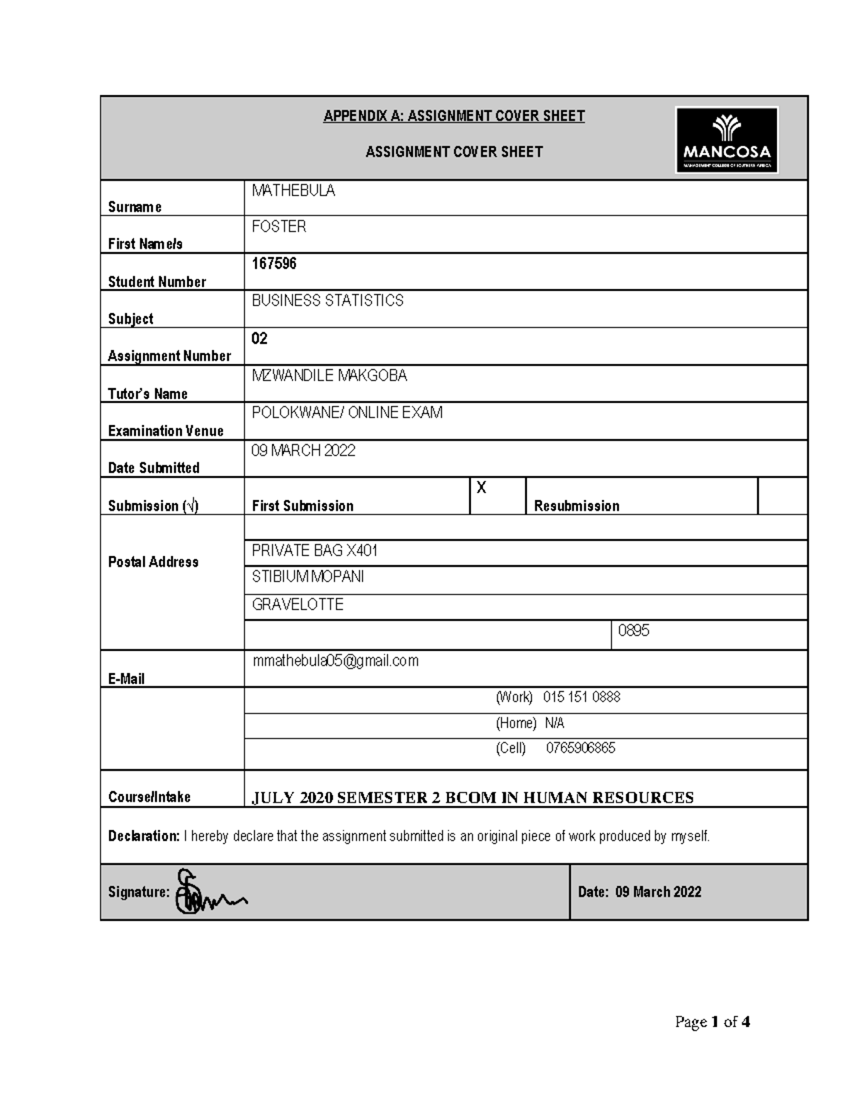167596 Assignemnet 02 Business Statistics - APPENDIX A: ASSIGNMENT ...