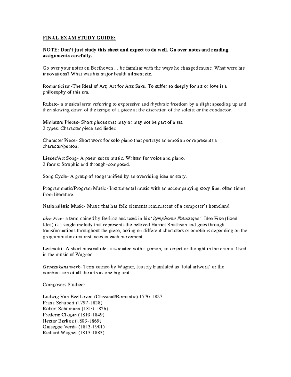 Final Review - Teacher study notes - FINAL EXAM STUDY GUIDE: NOTE: Don ...