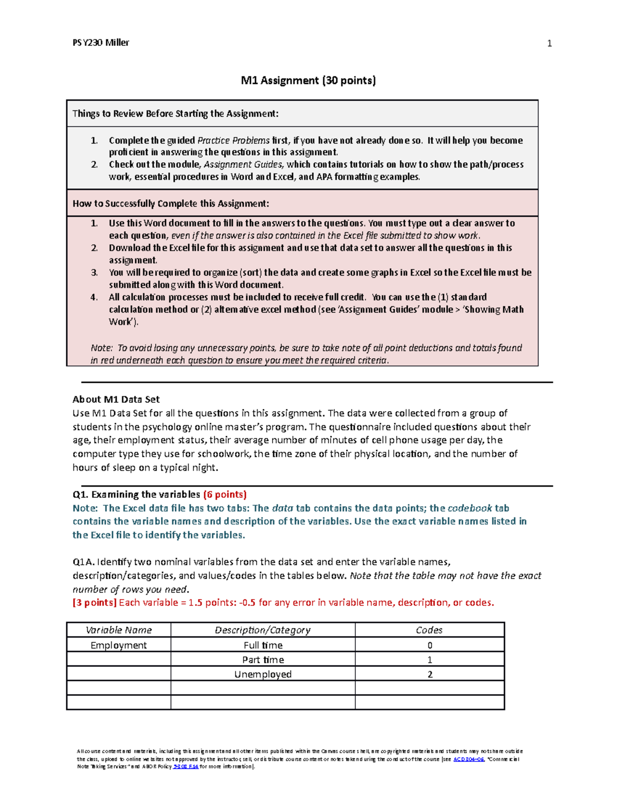 PSY230 M1 Assignment Fall A 2022 - M1 Assignment (30 Points) Things To ...