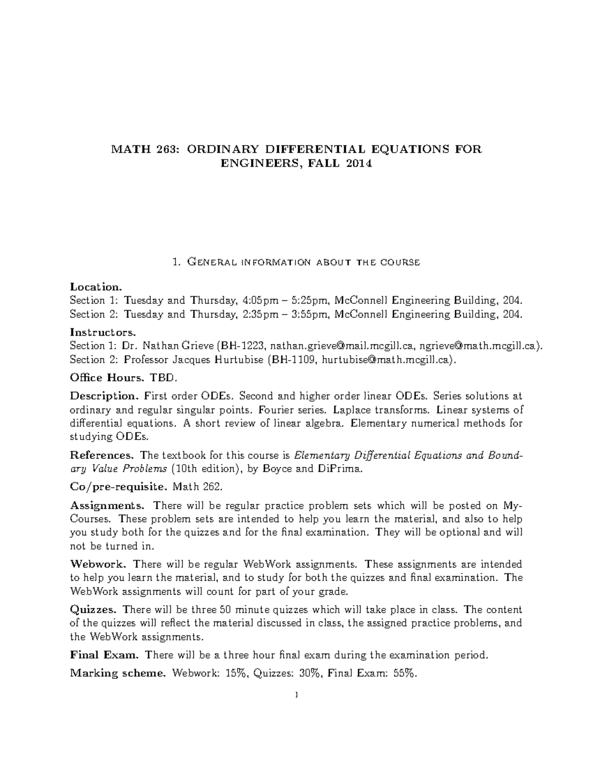 263outline - Course Outline - MATH 263: ORDINARY DIFFERENTIAL EQUATIONS ...