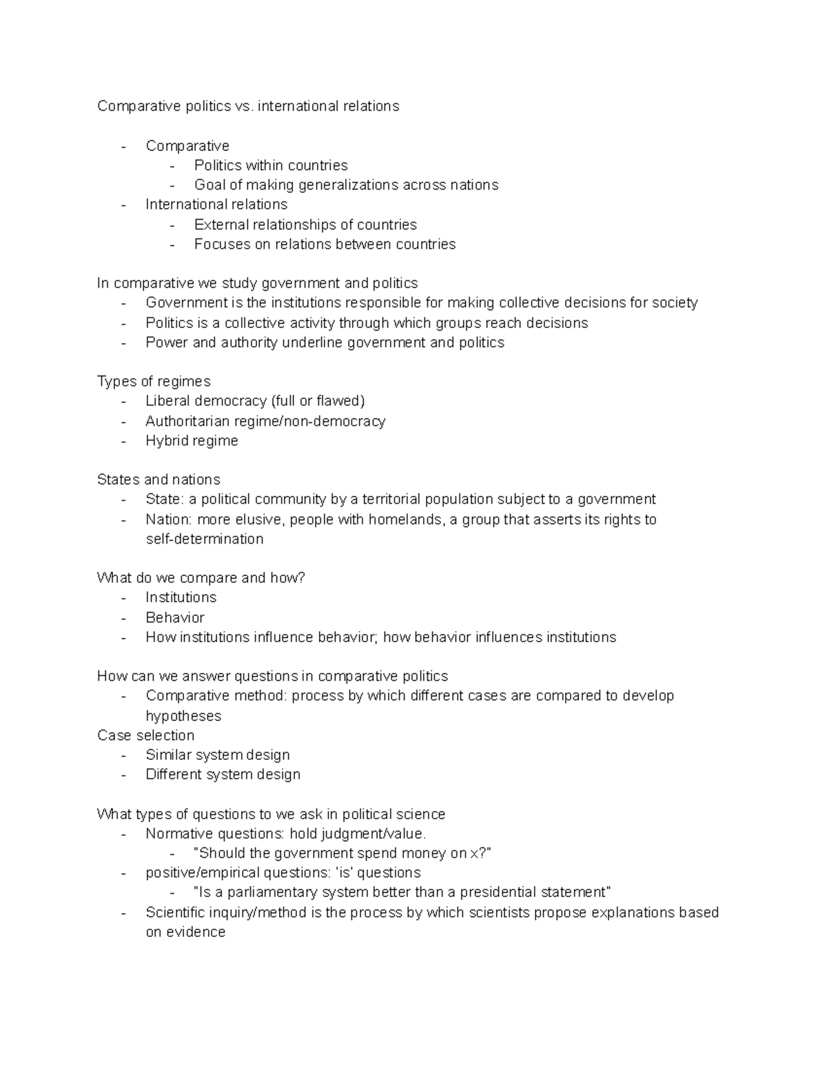 Comp poli - half semester lecture notes - Comparative politics vs ...