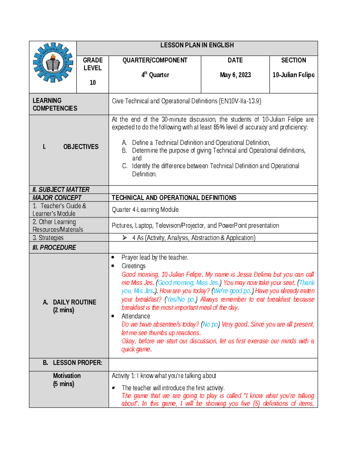 Lesson PLAN IN English - for reference - LESSON PLAN IN ENGLISH GRADE ...