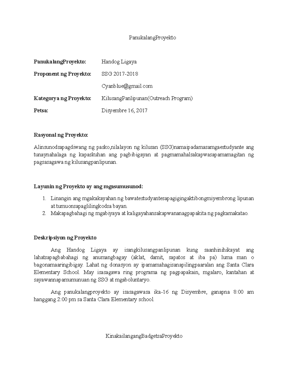 Panukalang Proyekto - Proposal Plan in Piling Larang ...