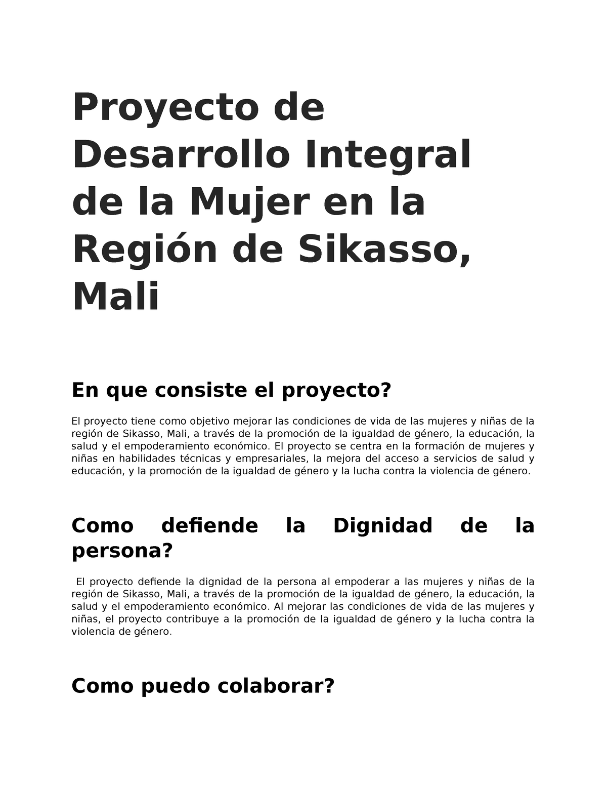 Proyecto De Desarrollo Integral De La Mujer En La Región De Proyecto De Desarrollo Integral De