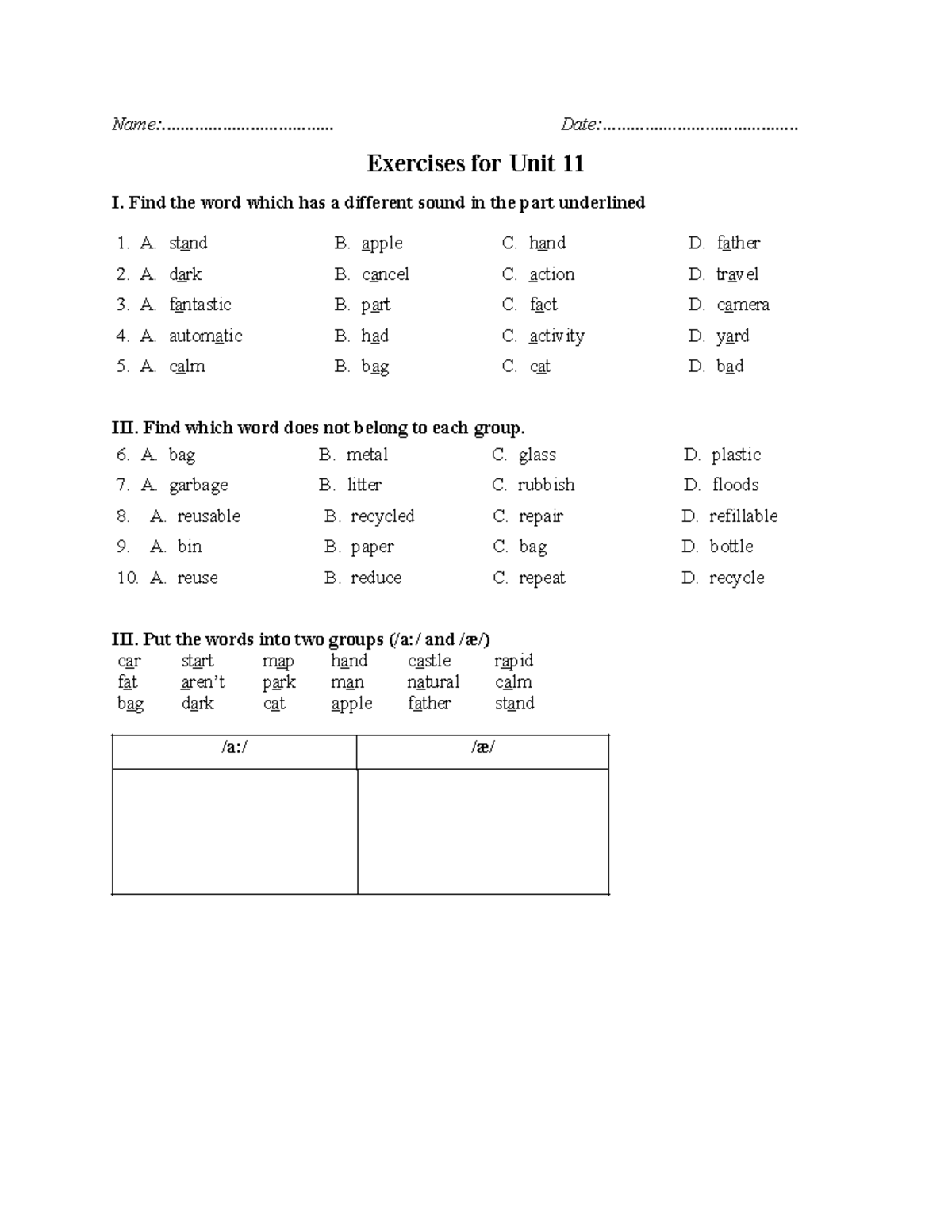 Exercises UNIT 11 HW . Name