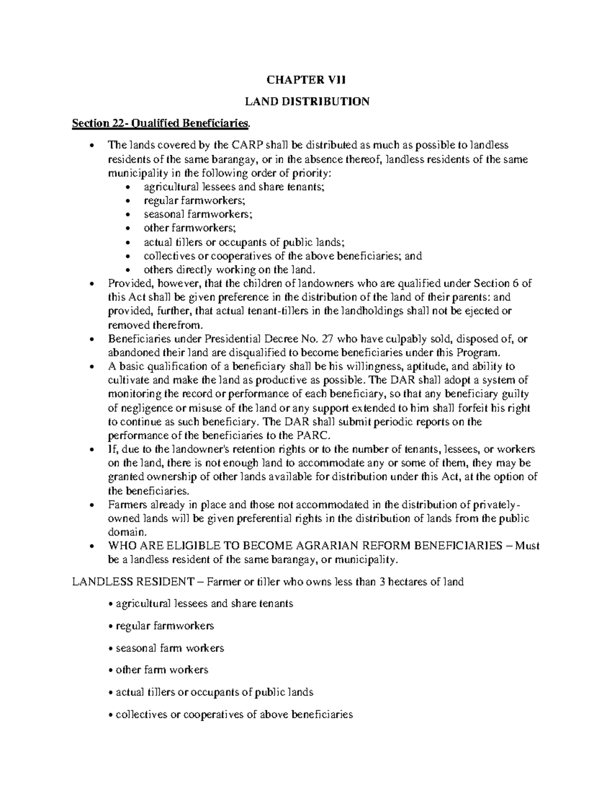 CARP Sections 2249 CHAPTER VII LAND DISTRIBUTION Section 22 Qualified Beneficiaries. The