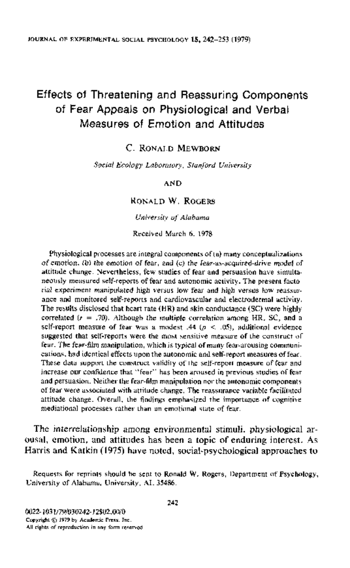 Mewborn 1979 - #new - JOURNAL OF EXPERIMENTAL SOCIAL PSYCHOLOGY 15, 242 ...