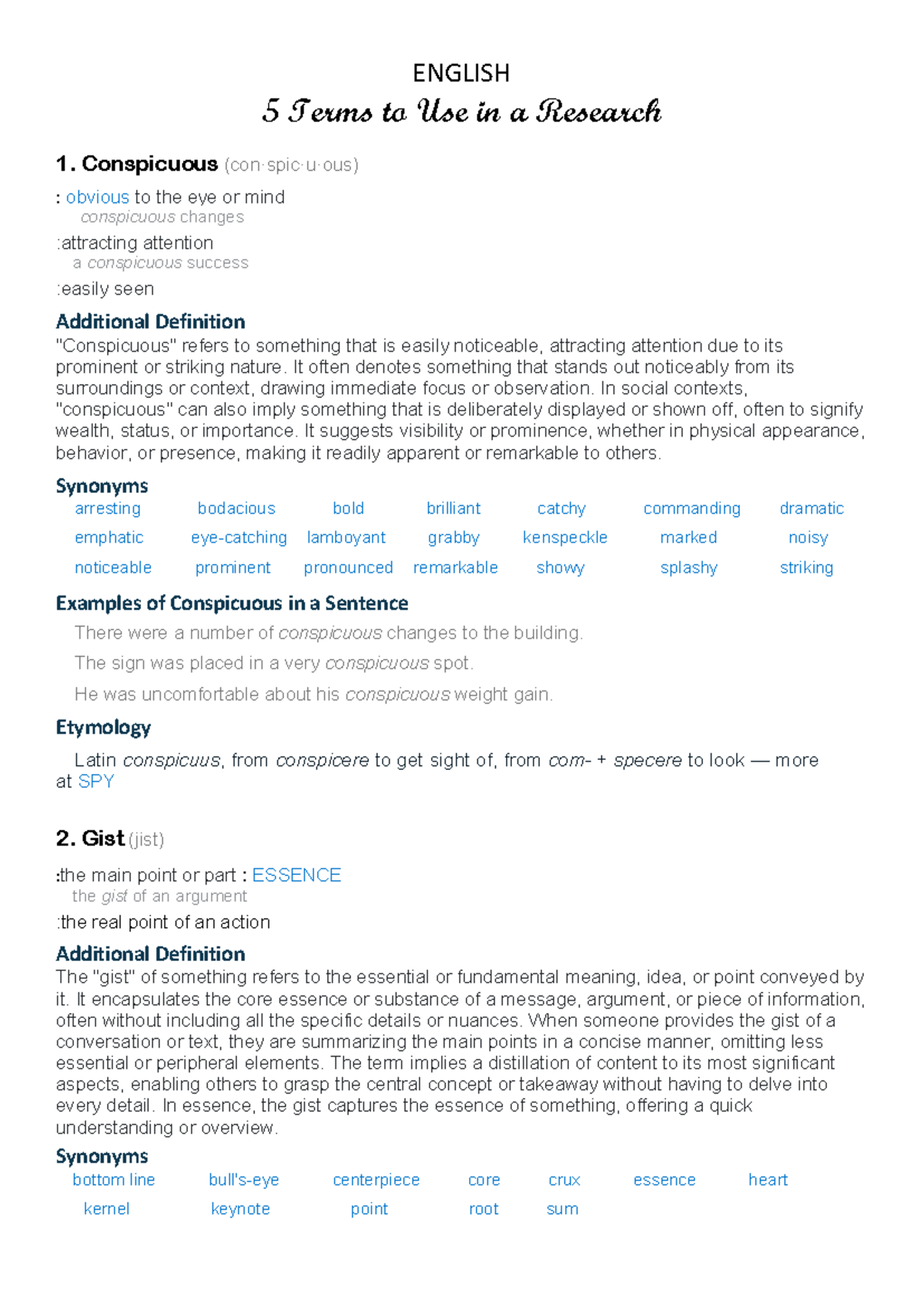 English - ENGLISH 5 Terms to Use in a Research 1. Conspicuous (con·spic ...