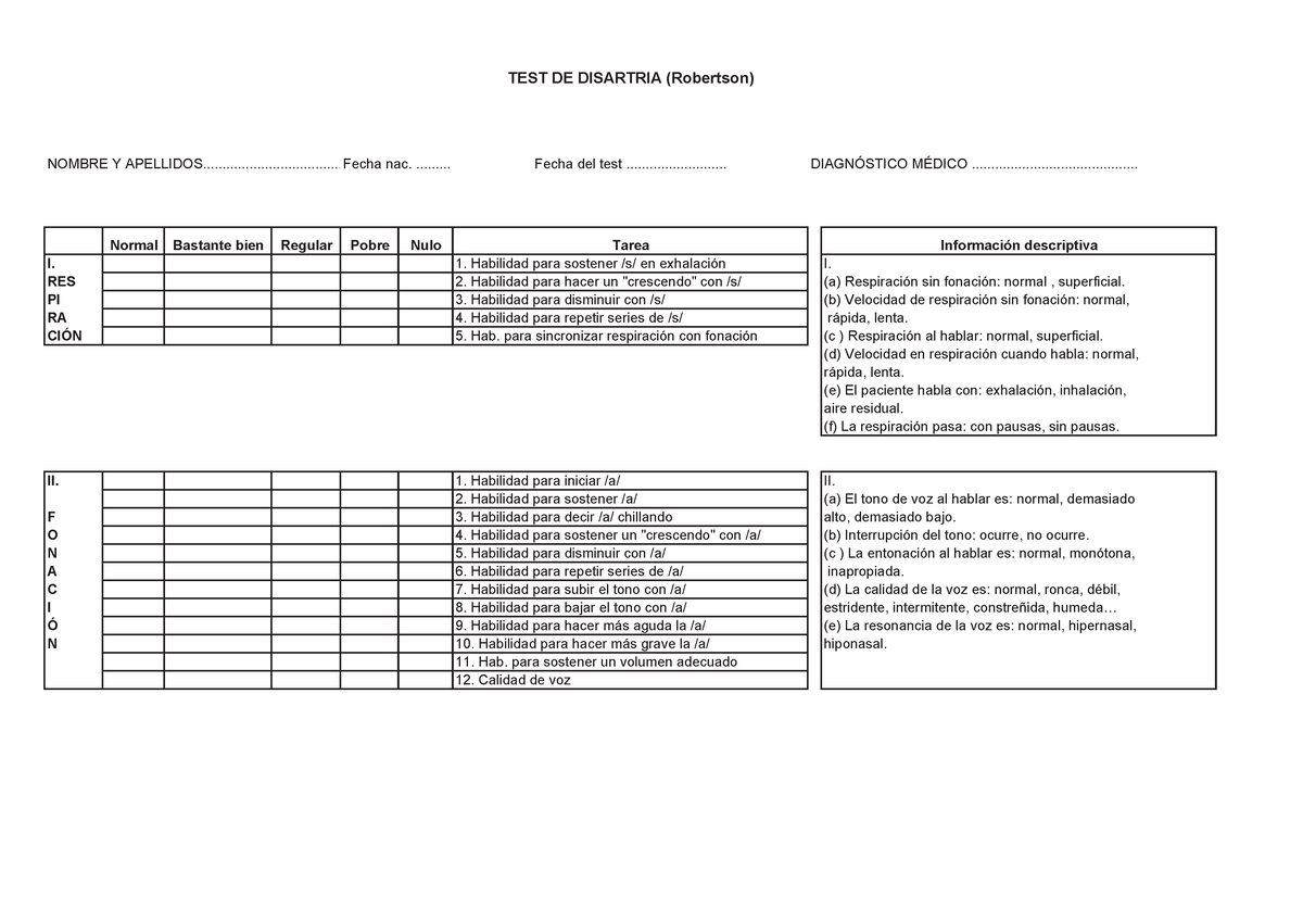 Test Disartria Roberson Test De Disartria Robertson Nombre