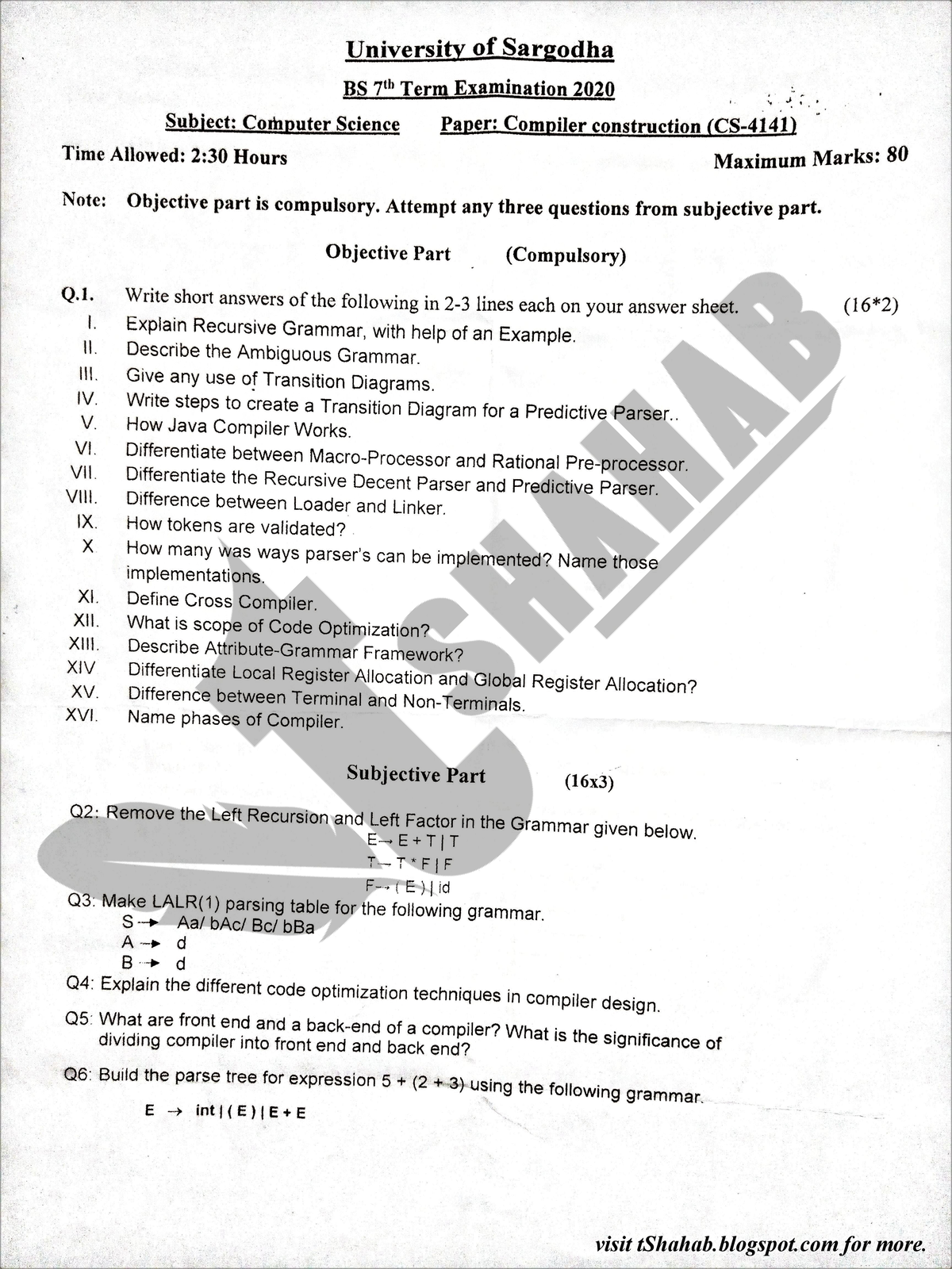 CC CS 2020 BS 7th Term Exam Paper compiler construction Studocu