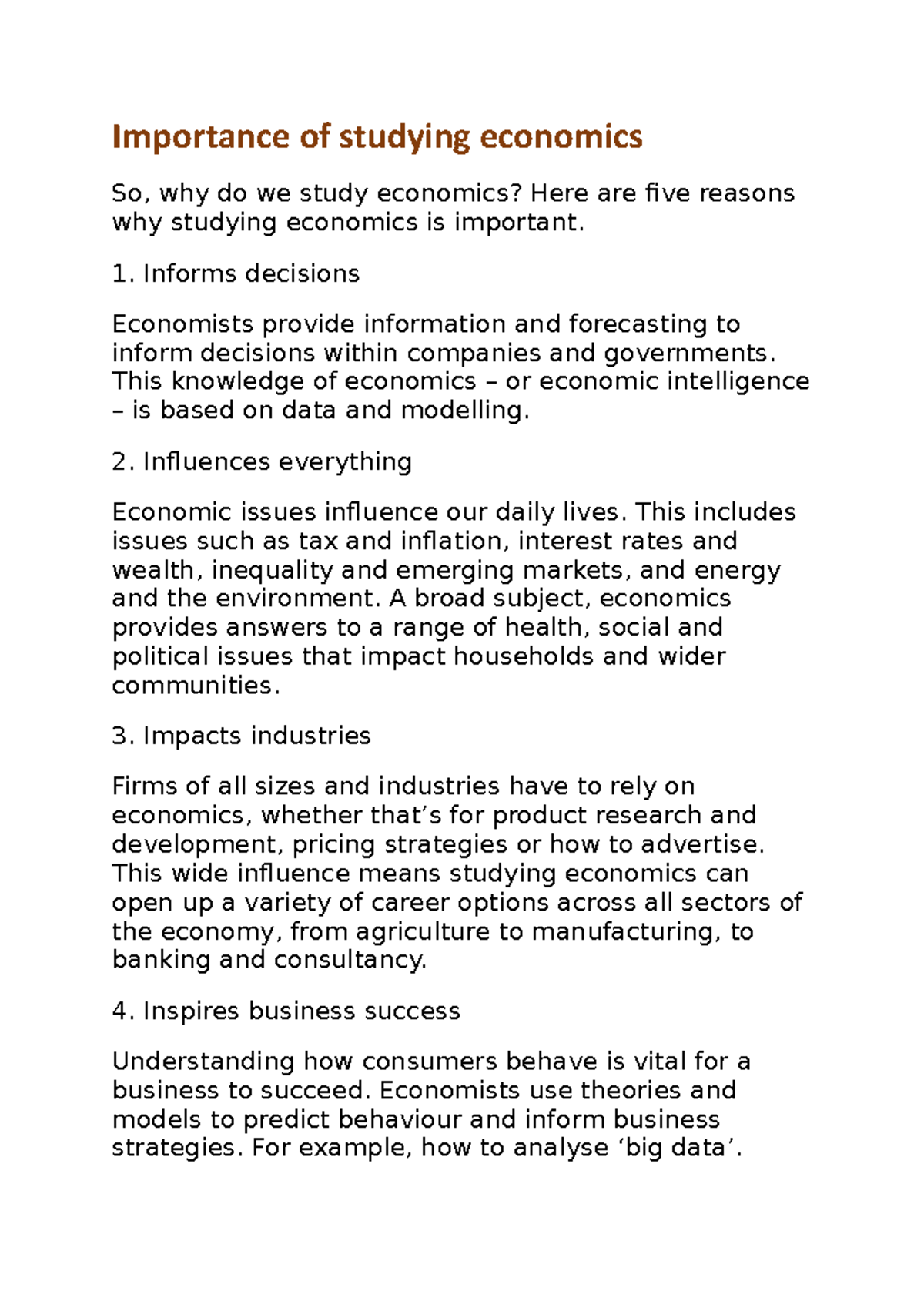 economics importance essay