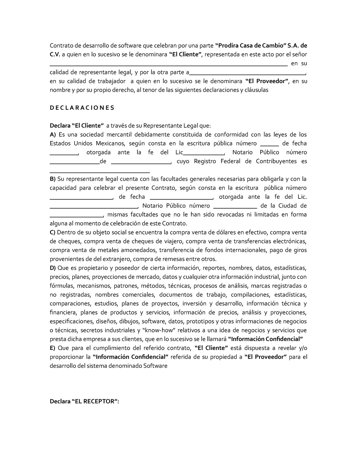 Contrato de desarrollo de software a la medida - Contrato de desarrollo de  software que celebran por - Studocu