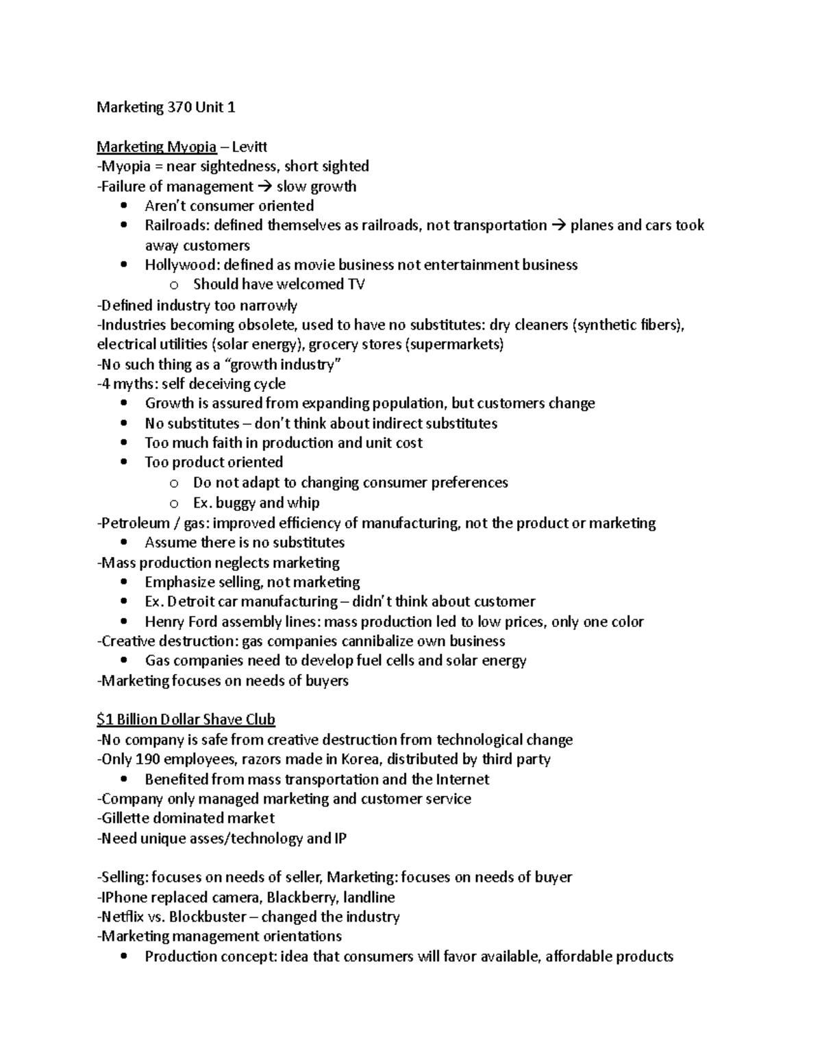 Marketing 370 Study Guide - Marketing 370 Unit 1 Marketing Myopia ...