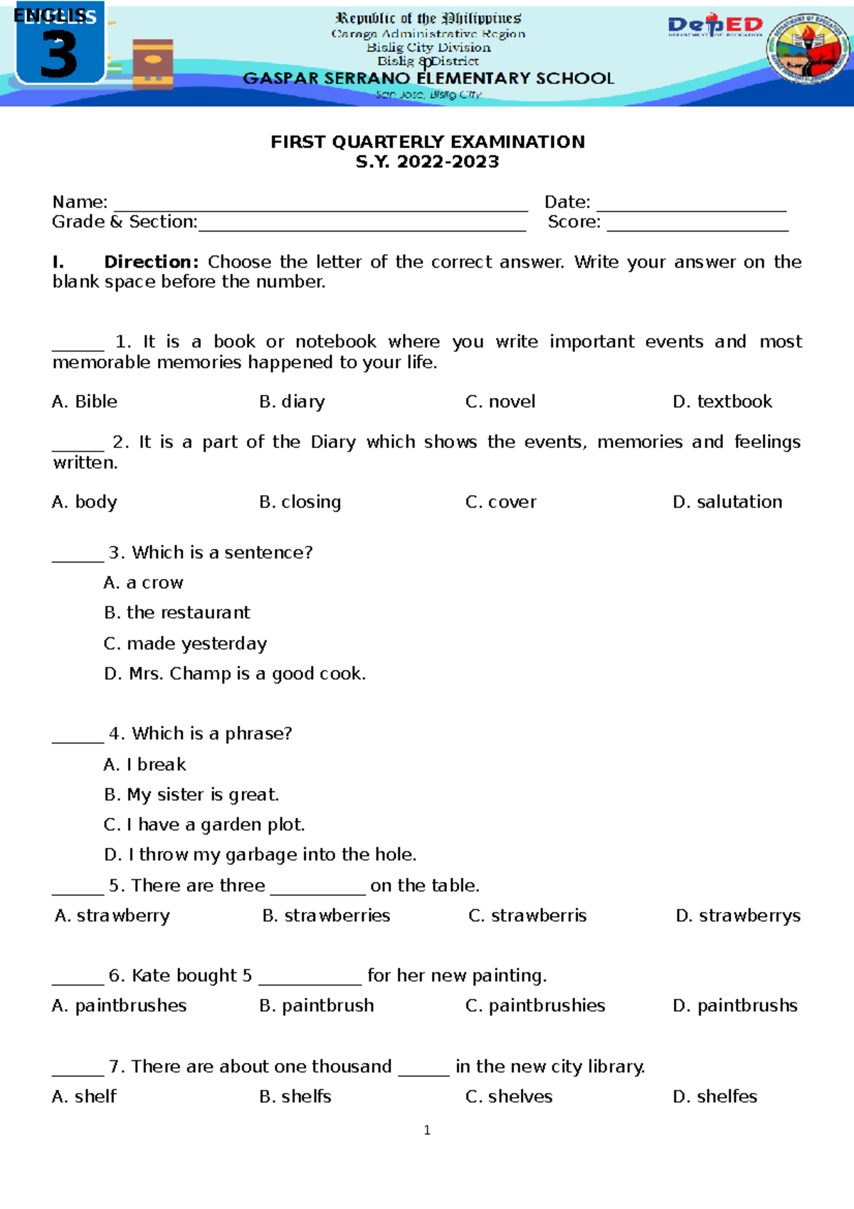 Q1 PT English - Quarterly Assessment - p FIRST QUARTERLY EXAMINATION S ...