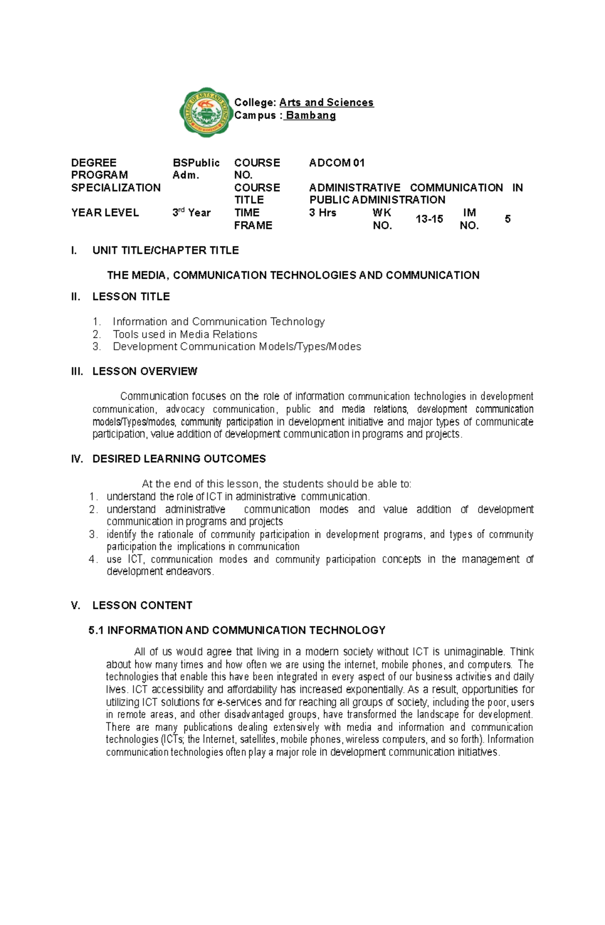 Adcom – Module-5-7 - College: Arts and Sciences Campus : Bambang DEGREE ...