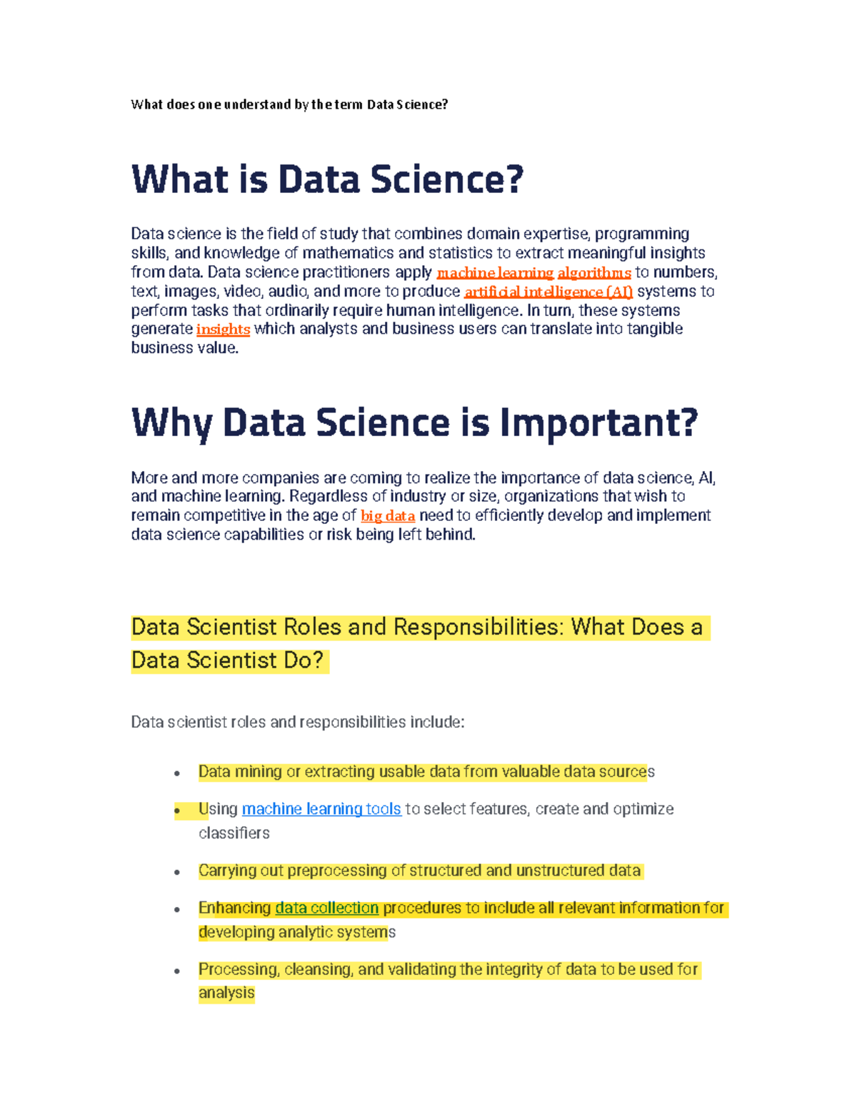 Final - Notes - What does one understand by the term Data Science? What ...